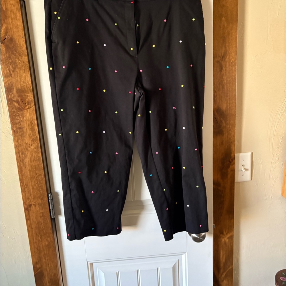 Like New - JM COLLECTION Size 18 Black Crop Pants Embroidered Bright Polka Dots
